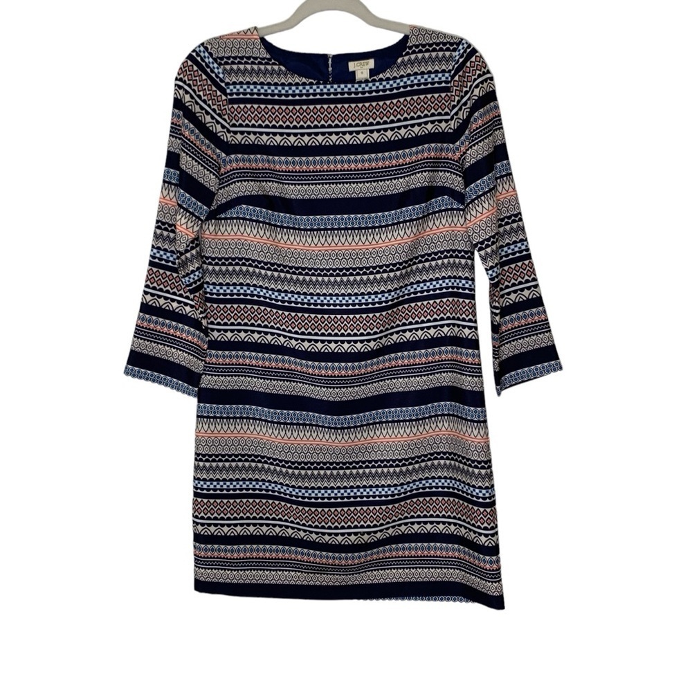 J. Crew striped multi navy, blue, coral pattern sheath long sleeve dress. Size 0